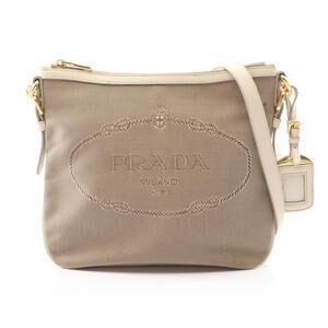 PRADA Logo Jacquard Shoulder Bag Canvas Leather Brown Ivory White